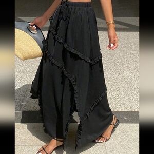 Solid Color Loose Frill Trim Slit Casual Umbrella Skirt, Summer Holiday Skirt